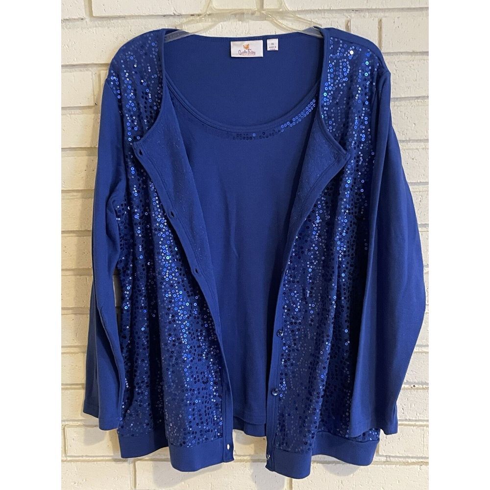 NWOT Quacker Factory 1XL‎ Blue Tank And Attached Sequined Cardigan - Picture 4 of 6
